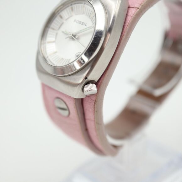 Fossil Womens Watch 29mm Silver Tone Date Dial Pink Leather Band w New Battery - Picture 9 of 14